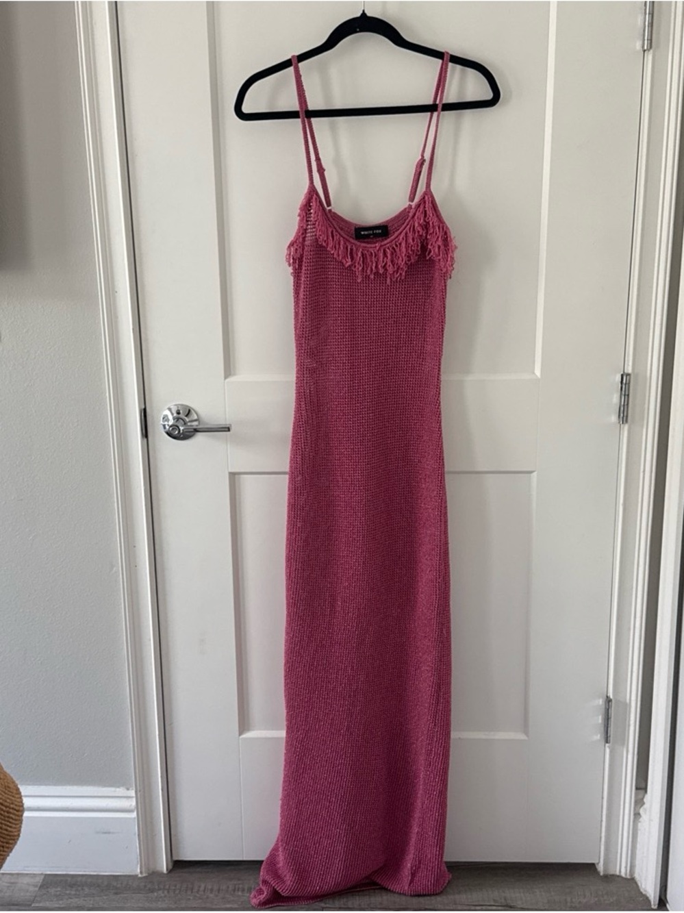 White Fox Knit Fringe Maxi Dress - Pink